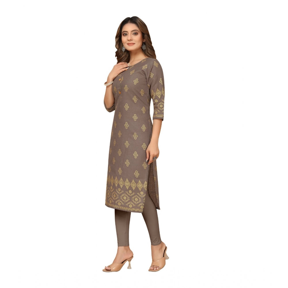 Generic Women's Casual 3/4th Sleeve Foil Gold Printed Ruby Cotton Kurti (Brown) - Noble Nook