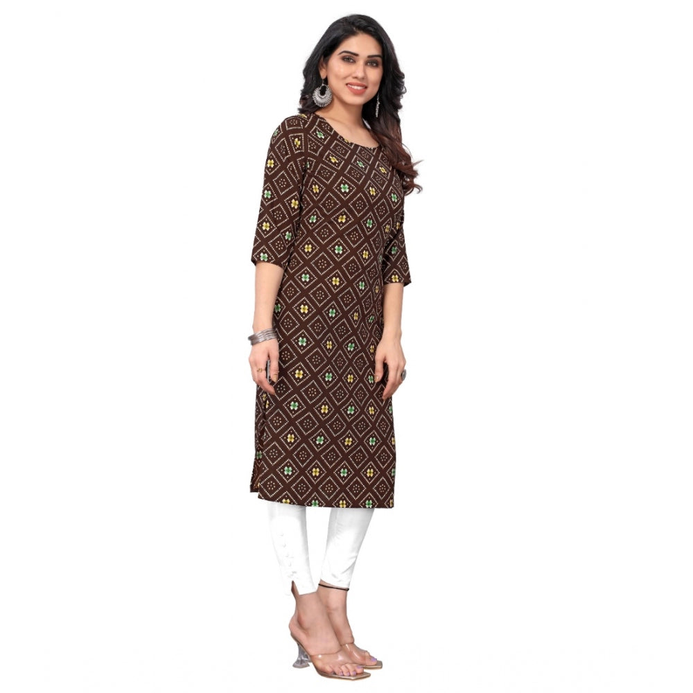 Generic Women's Casual 3/4th Sleeve Bandhani Printed Crepe Kurti (Brown) - Noble Nook