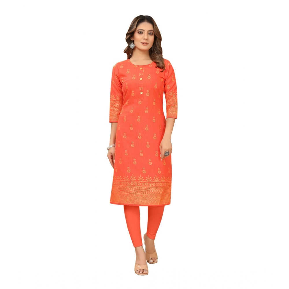 Generic Women's Casual 3/4th Sleeve Foil Gold Printed Ruby Cotton Kurti (Orange) - Noble Nook