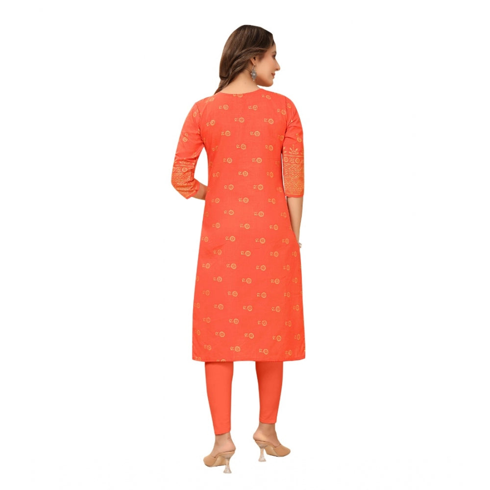 Generic Women's Casual 3/4th Sleeve Foil Gold Printed Ruby Cotton Kurti (Orange) - Noble Nook