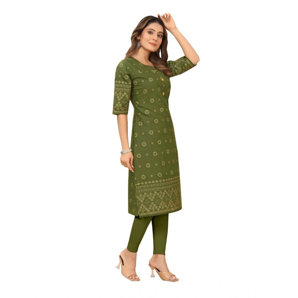 Generic Women's Casual 3/4th Sleeve Foil Gold Printed Ruby Cotton Kurti (Dark Green) - Noble Nook