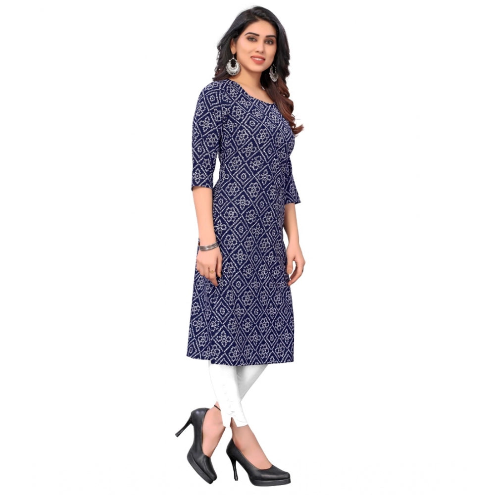 Generic Women's Casual 3/4th Sleeve Bandhani Printed Crepe Kurti (Navy Blue) - Noble Nook