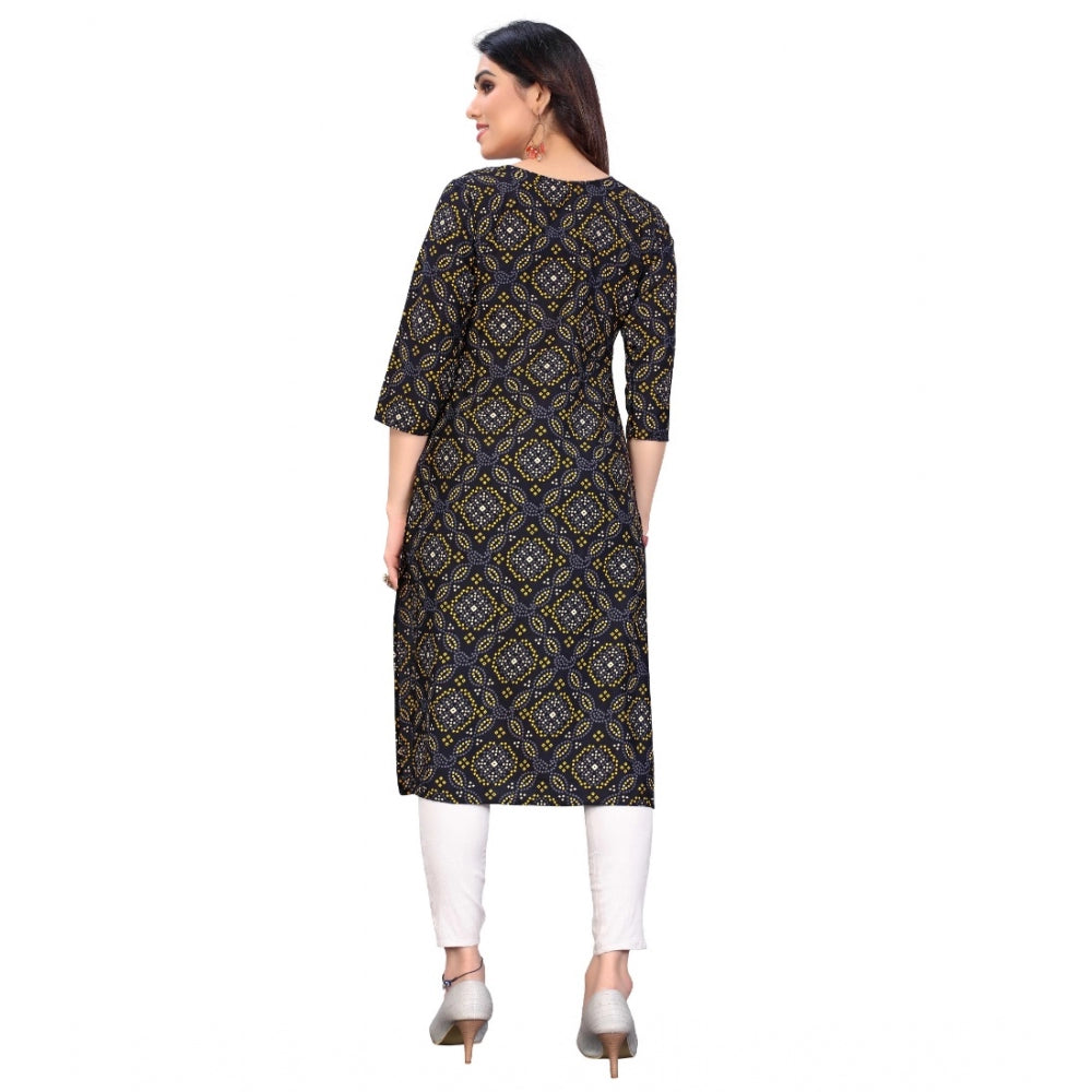 Generic Women's Casual 3/4th Sleeve Bandhani Printed Crepe Kurti (Black) - Noble Nook