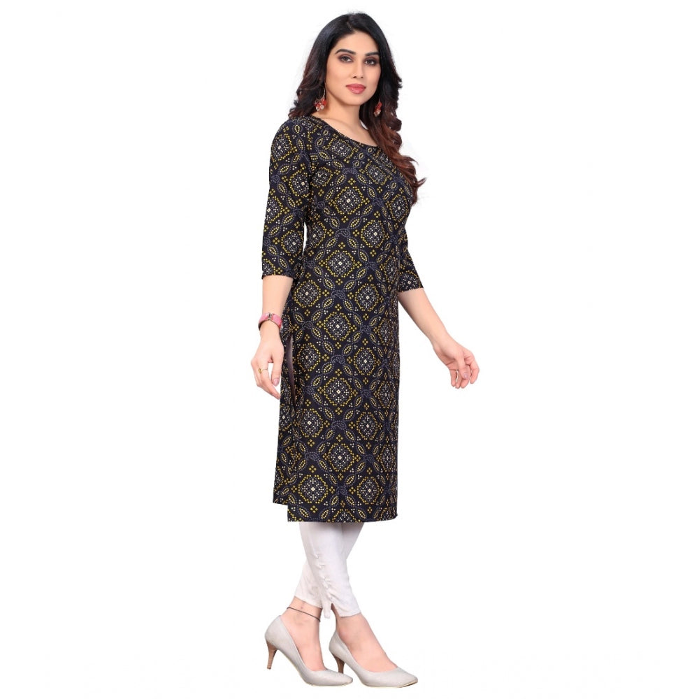 Generic Women's Casual 3/4th Sleeve Bandhani Printed Crepe Kurti (Black) - Noble Nook