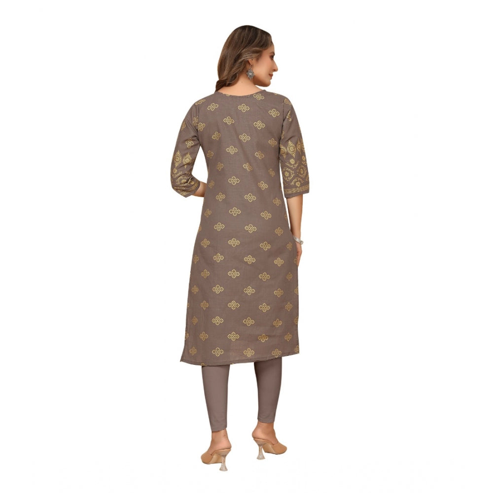 Generic Women's Casual 3/4th Sleeve Foil Gold Printed Ruby Cotton Kurti (Brown) - Noble Nook