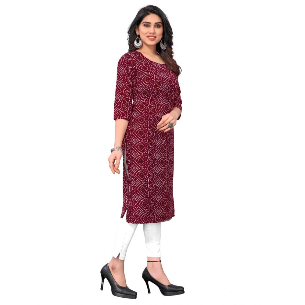 Generic Women's Casual 3/4th Sleeve Bandhani Printed Crepe Kurti (Maroon) - Noble Nook