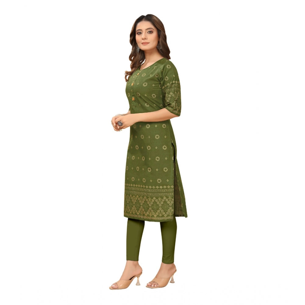 Generic Women's Casual 3/4th Sleeve Foil Gold Printed Ruby Cotton Kurti (Dark Green) - Noble Nook