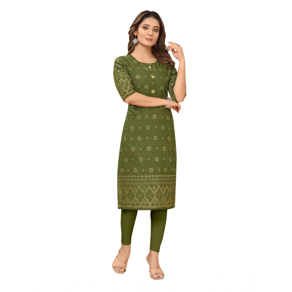 Generic Women's Casual 3/4th Sleeve Foil Gold Printed Ruby Cotton Kurti (Dark Green) - Noble Nook