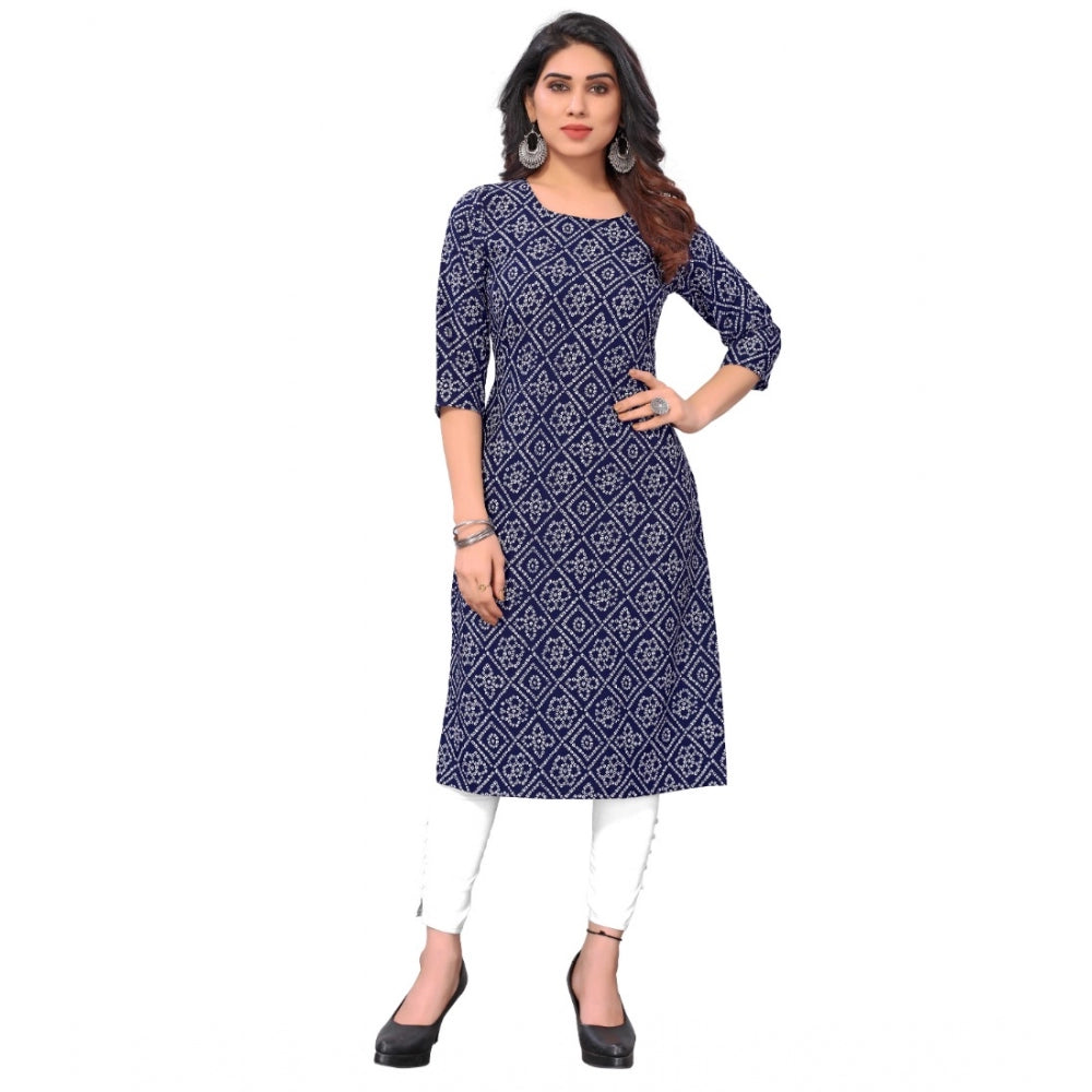 Generic Women's Casual 3/4th Sleeve Bandhani Printed Crepe Kurti (Navy Blue) - Noble Nook