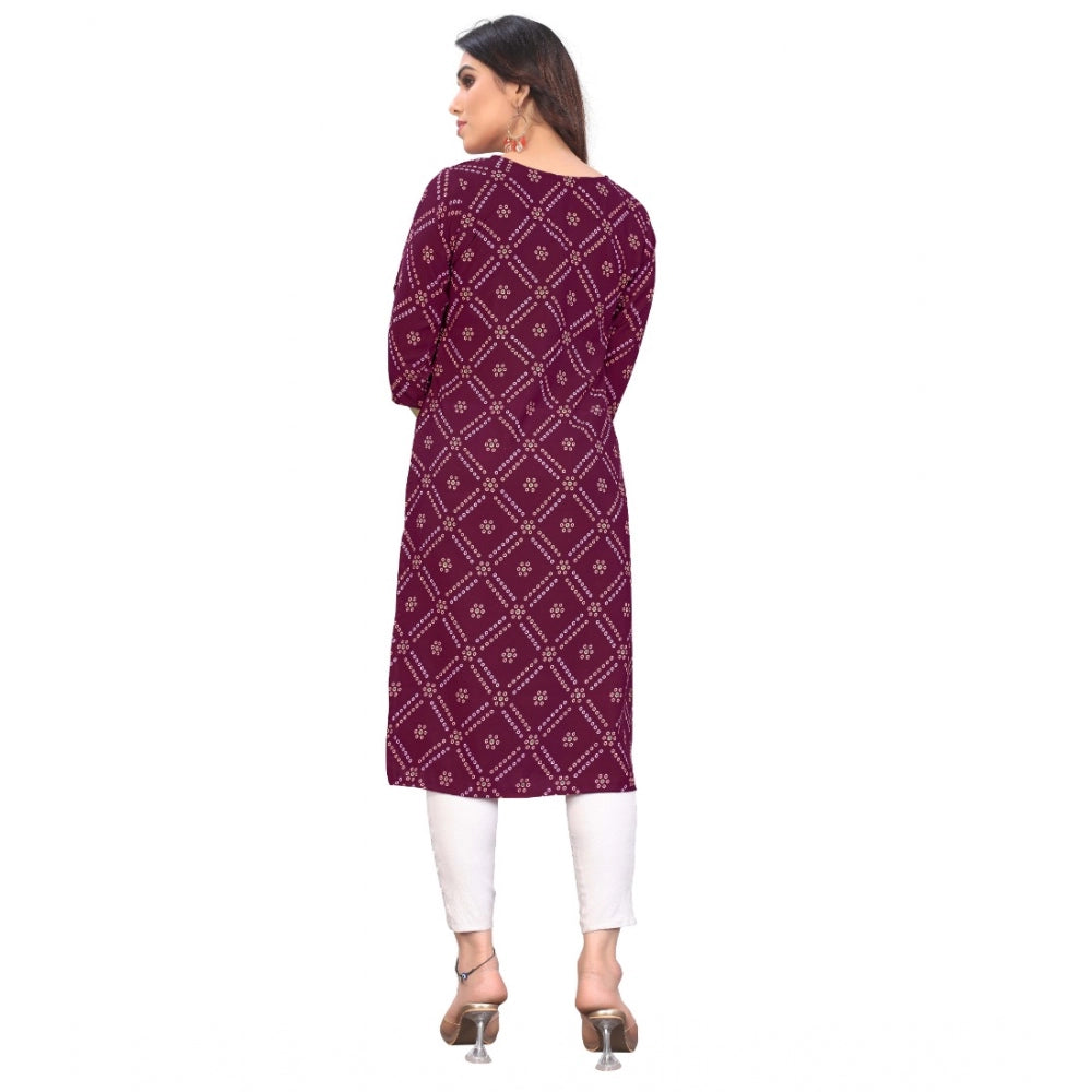 Generic Women's Casual 3/4th Sleeve Bandhani Printed Crepe Kurti (Wine) - Noble Nook