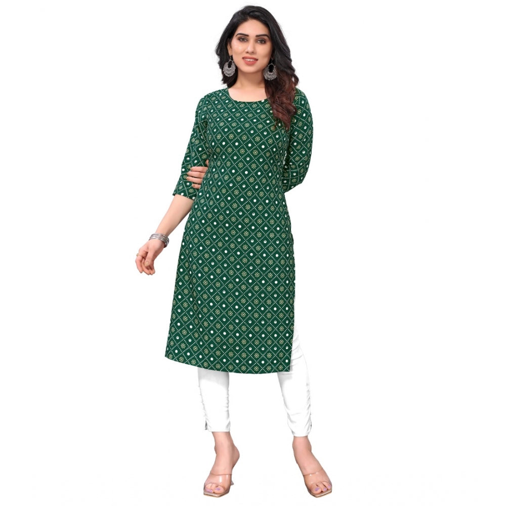 Generic Women's Casual 3/4th Sleeve Bandhani Printed Crepe Kurti (Dark Green) - Noble Nook