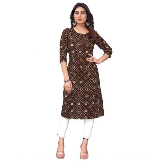 Generic Women's Casual 3/4th Sleeve Bandhani Printed Crepe Kurti (Brown) - Noble Nook