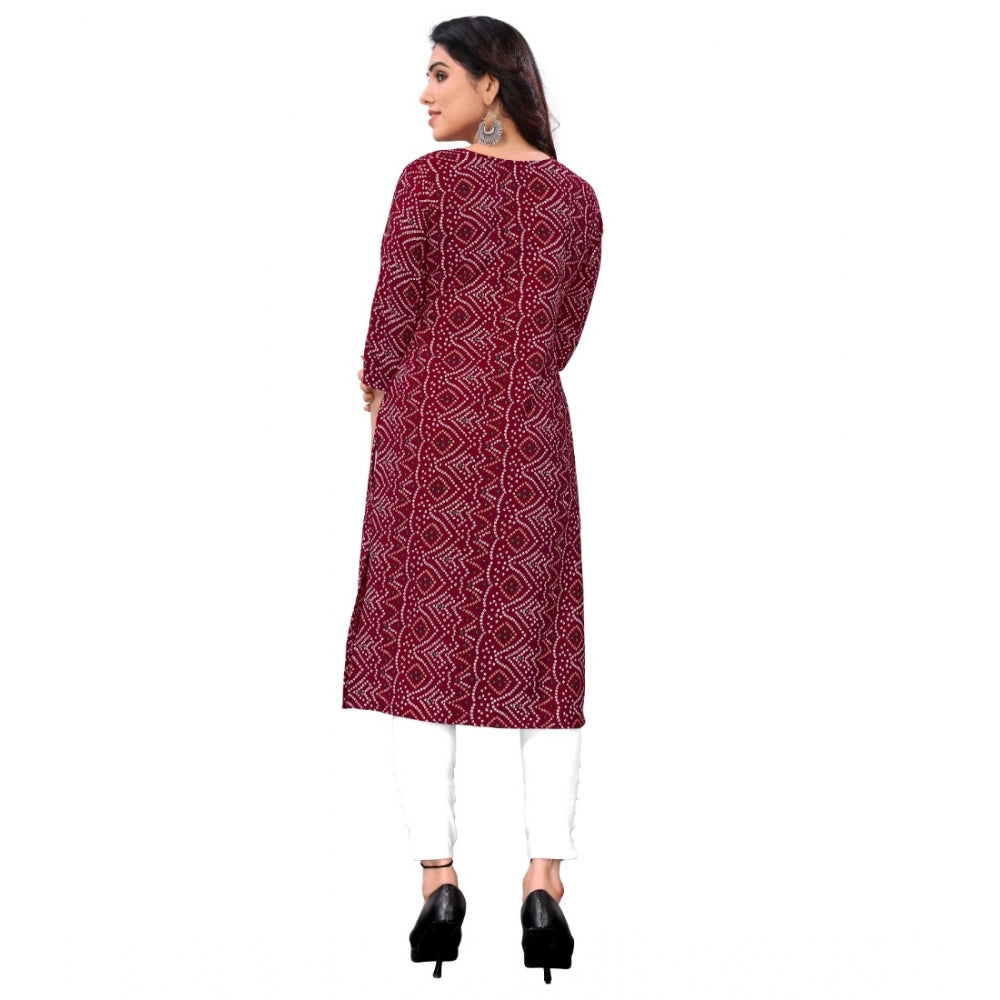 Generic Women's Casual 3/4th Sleeve Bandhani Printed Crepe Kurti (Maroon) - Noble Nook