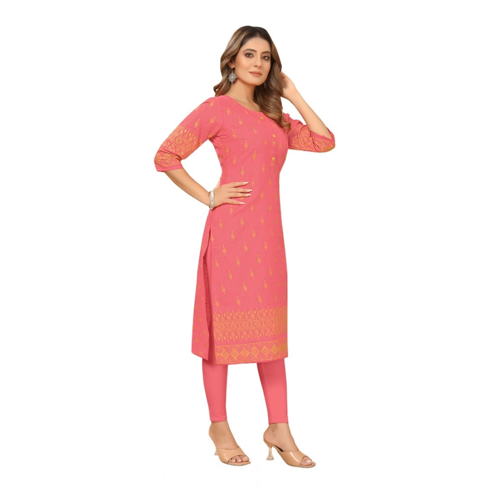 Generic Women's Casual 3/4th Sleeve Foil Gold Printed Ruby Cotton Kurti (Peach) - Noble Nook