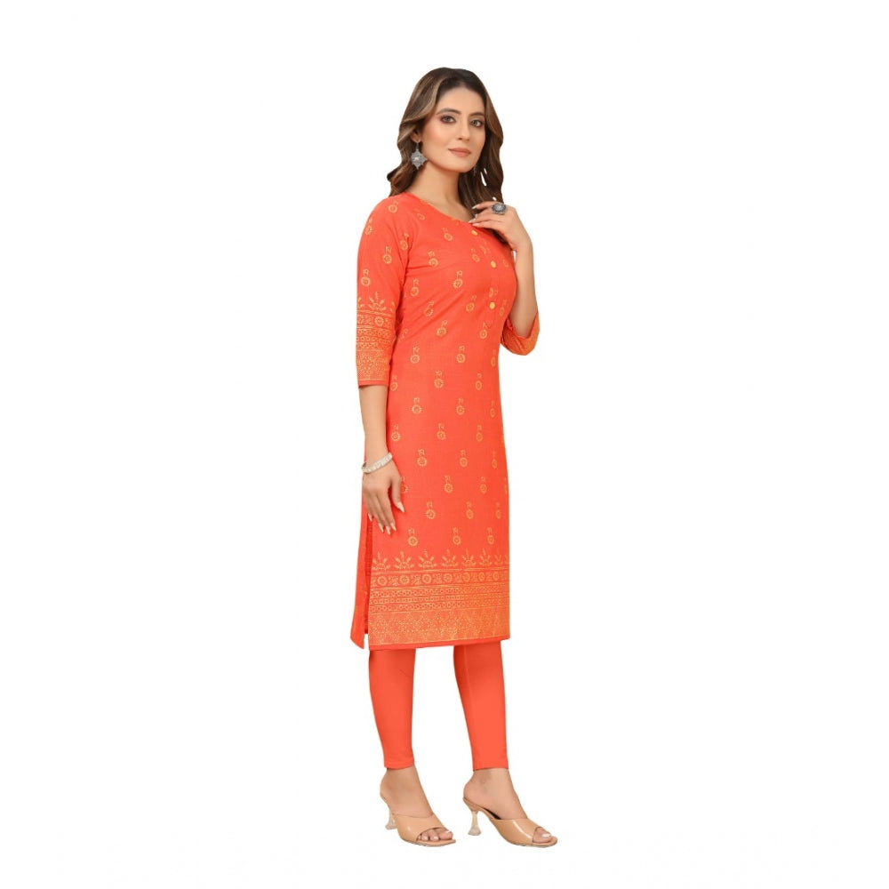 Generic Women's Casual 3/4th Sleeve Foil Gold Printed Ruby Cotton Kurti (Orange) - Noble Nook