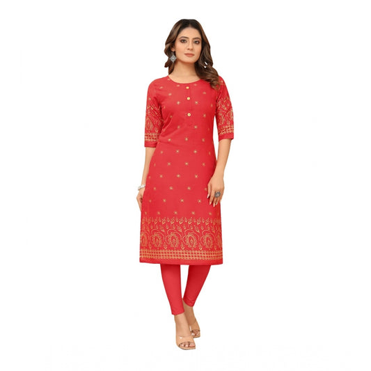 Generic Women's Casual 3/4th Sleeve Foil Gold Printed Ruby Cotton Kurti (Red) - Noble Nook