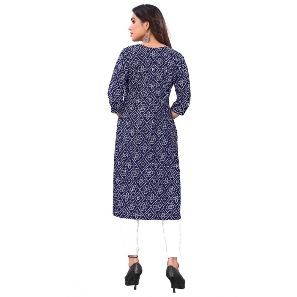 Generic Women's Casual 3/4th Sleeve Bandhani Printed Crepe Kurti (Navy Blue) - Noble Nook