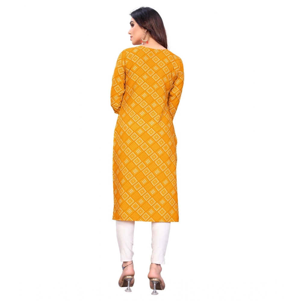 Generic Women's Casual 3/4th Sleeve Bandhani Printed Crepe Kurti (Yellow) - Noble Nook