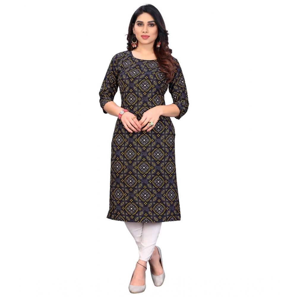 Generic Women's Casual 3/4th Sleeve Bandhani Printed Crepe Kurti (Black) - Noble Nook