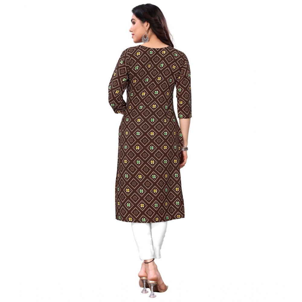 Generic Women's Casual 3/4th Sleeve Bandhani Printed Crepe Kurti (Brown) - Noble Nook