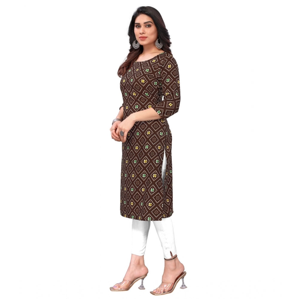 Generic Women's Casual 3/4th Sleeve Bandhani Printed Crepe Kurti (Brown) - Noble Nook