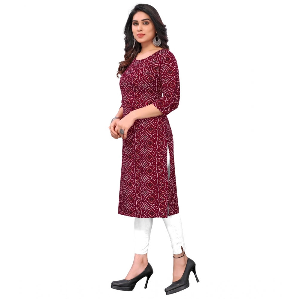 Generic Women's Casual 3/4th Sleeve Bandhani Printed Crepe Kurti (Maroon) - Noble Nook