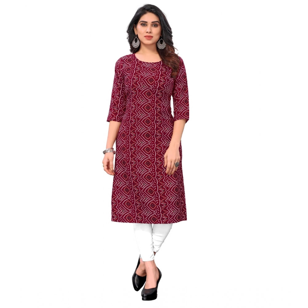 Generic Women's Casual 3/4th Sleeve Bandhani Printed Crepe Kurti (Maroon) - Noble Nook