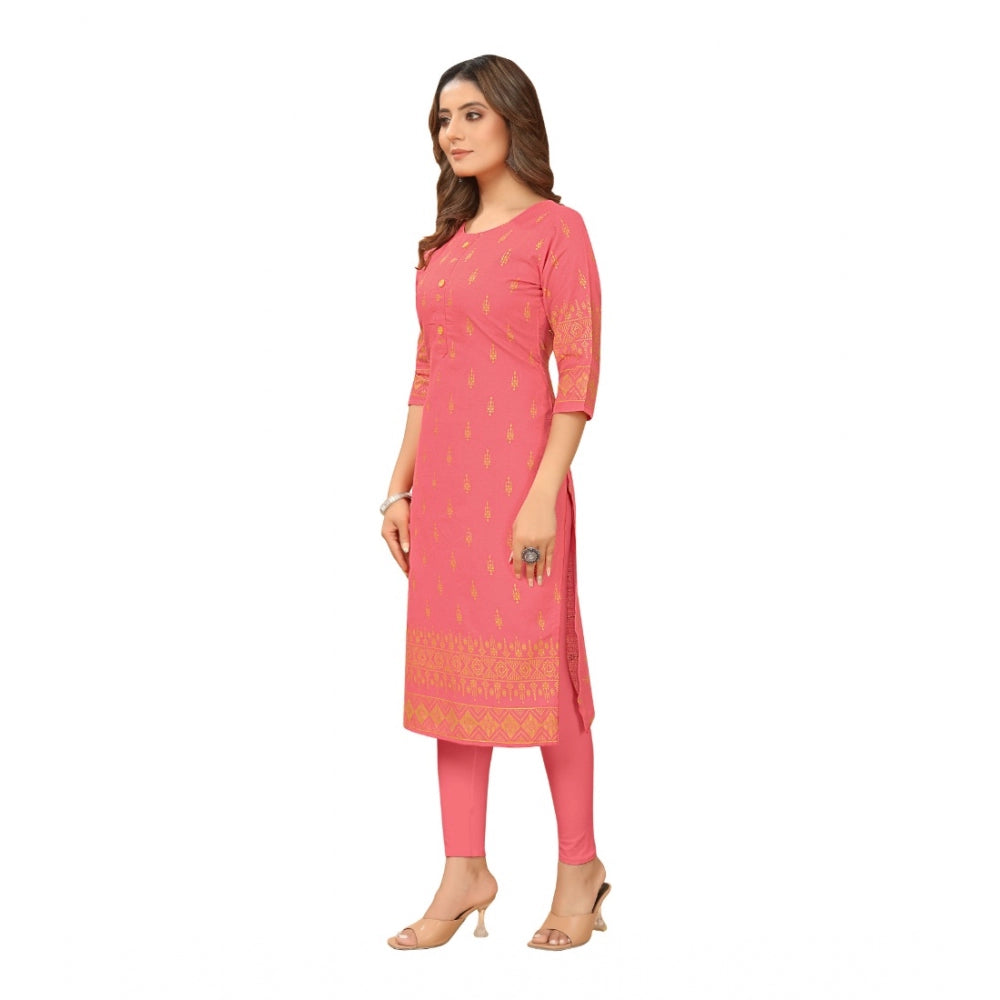 Generic Women's Casual 3/4th Sleeve Foil Gold Printed Ruby Cotton Kurti (Peach) - Noble Nook