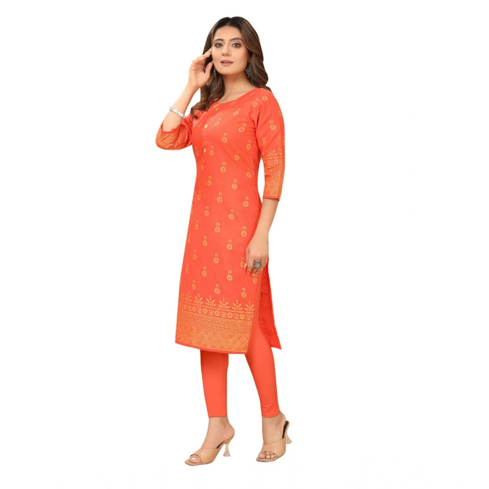 Generic Women's Casual 3/4th Sleeve Foil Gold Printed Ruby Cotton Kurti (Orange) - Noble Nook