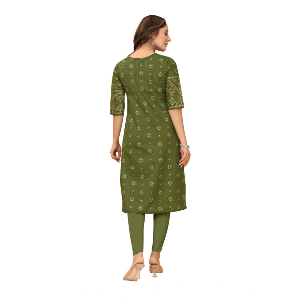 Generic Women's Casual 3/4th Sleeve Foil Gold Printed Ruby Cotton Kurti (Dark Green) - Noble Nook