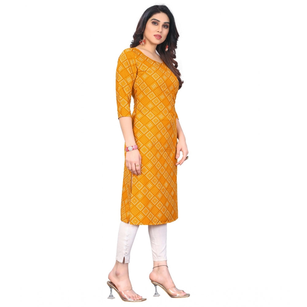 Generic Women's Casual 3/4th Sleeve Bandhani Printed Crepe Kurti (Yellow) - Noble Nook