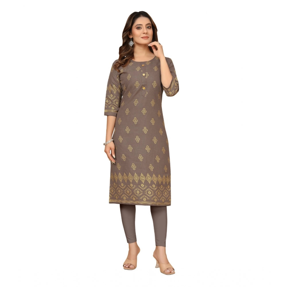 Generic Women's Casual 3/4th Sleeve Foil Gold Printed Ruby Cotton Kurti (Brown) - Noble Nook