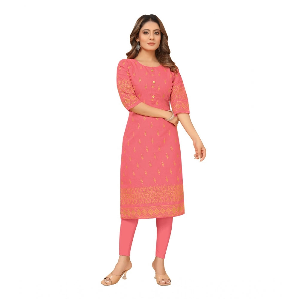 Generic Women's Casual 3/4th Sleeve Foil Gold Printed Ruby Cotton Kurti (Peach) - Noble Nook