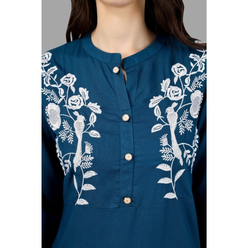 Generic Women's Embroidered Calf Length Rayon Kurti (Light Blue) - Noble Nook