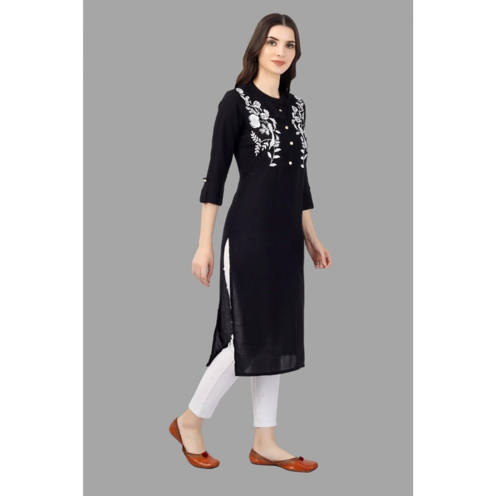 Generic Women's Embroidered Calf Length Rayon Kurti (Black) - Noble Nook