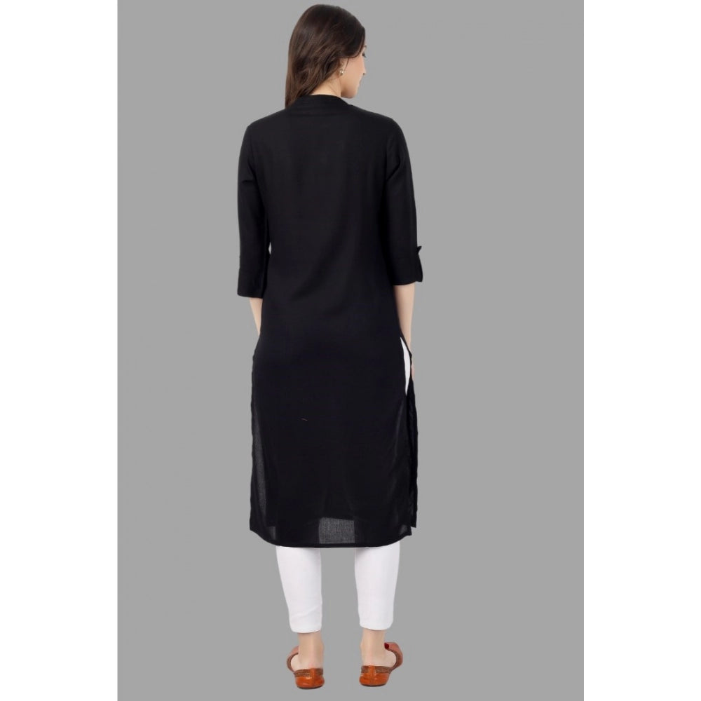 Generic Women's Embroidered Calf Length Rayon Kurti (Black) - Noble Nook