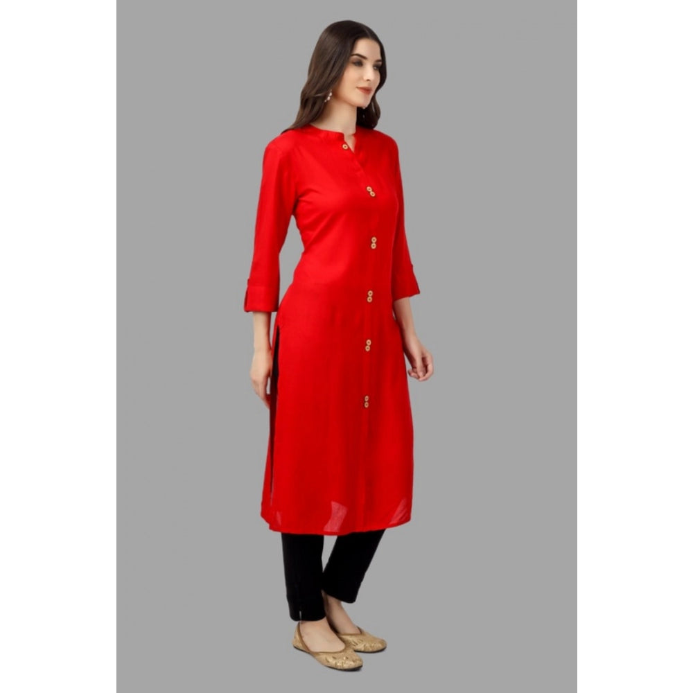 Generic Women's Solid Calf Length Rayon Kurti (Red) - Noble Nook