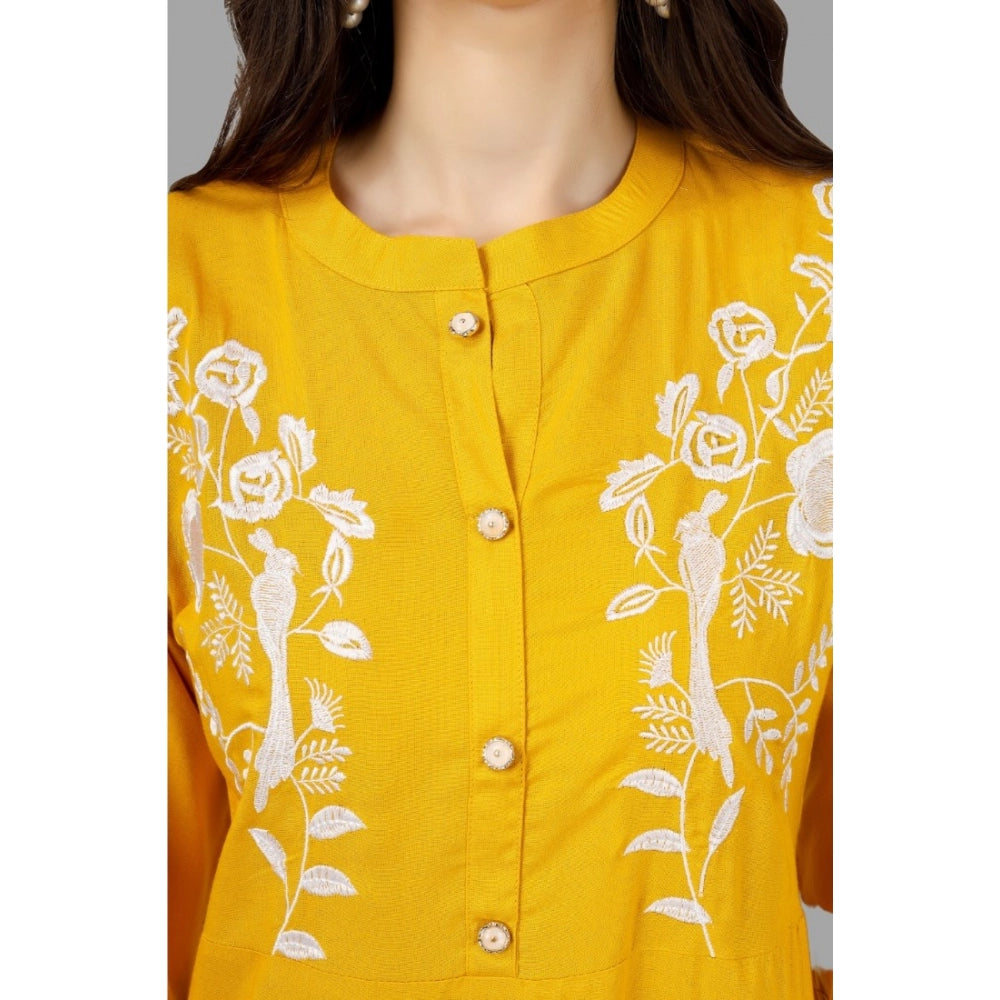 Generic Women's Embroidered Calf Length Rayon Kurti (Yellow) - Noble Nook