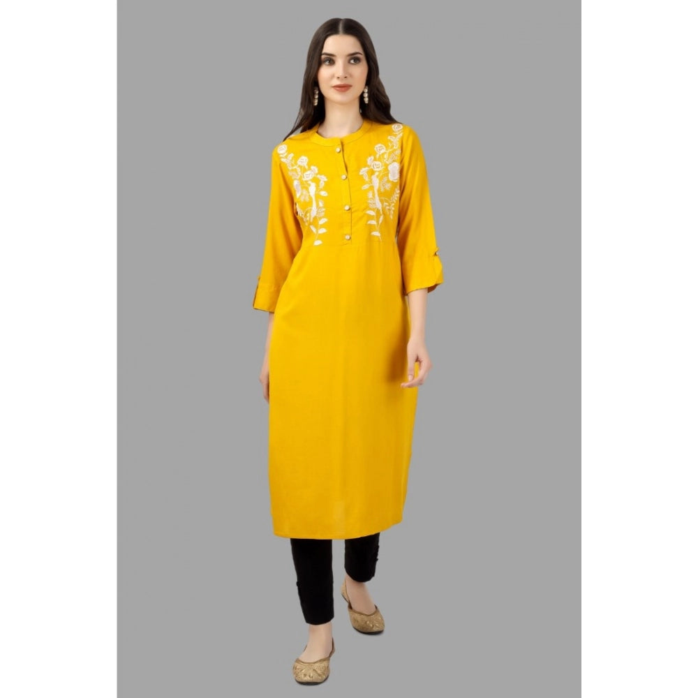 Generic Women's Embroidered Calf Length Rayon Kurti (Yellow) - Noble Nook