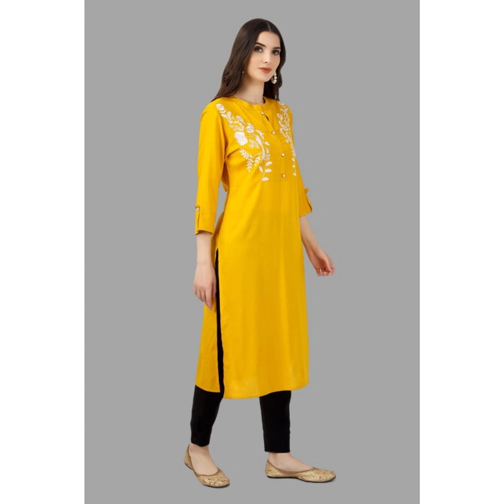 Generic Women's Embroidered Calf Length Rayon Kurti (Yellow) - Noble Nook