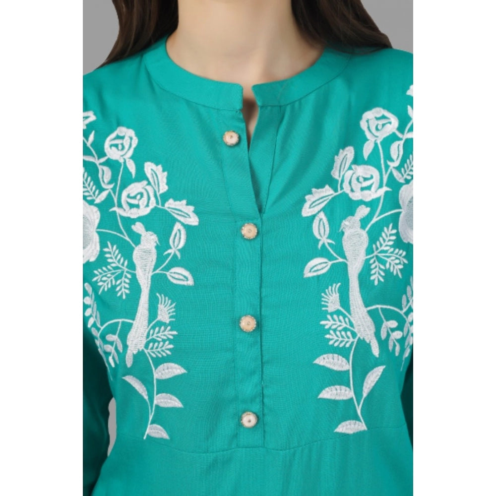 Generic Women's Embroidered Calf Length Rayon Kurti (Turquoise ) - Noble Nook