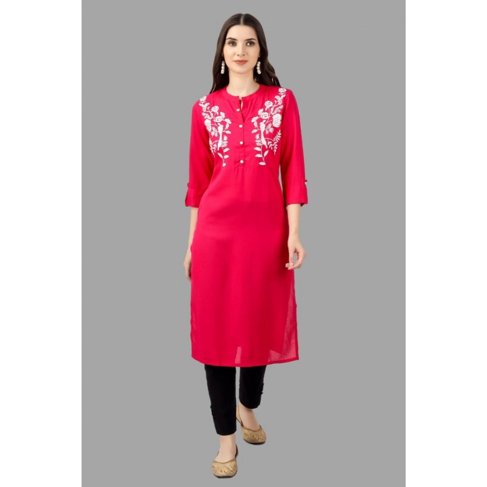 Generic Women's Embroidered Calf Length Rayon Kurti (Pink) - Noble Nook