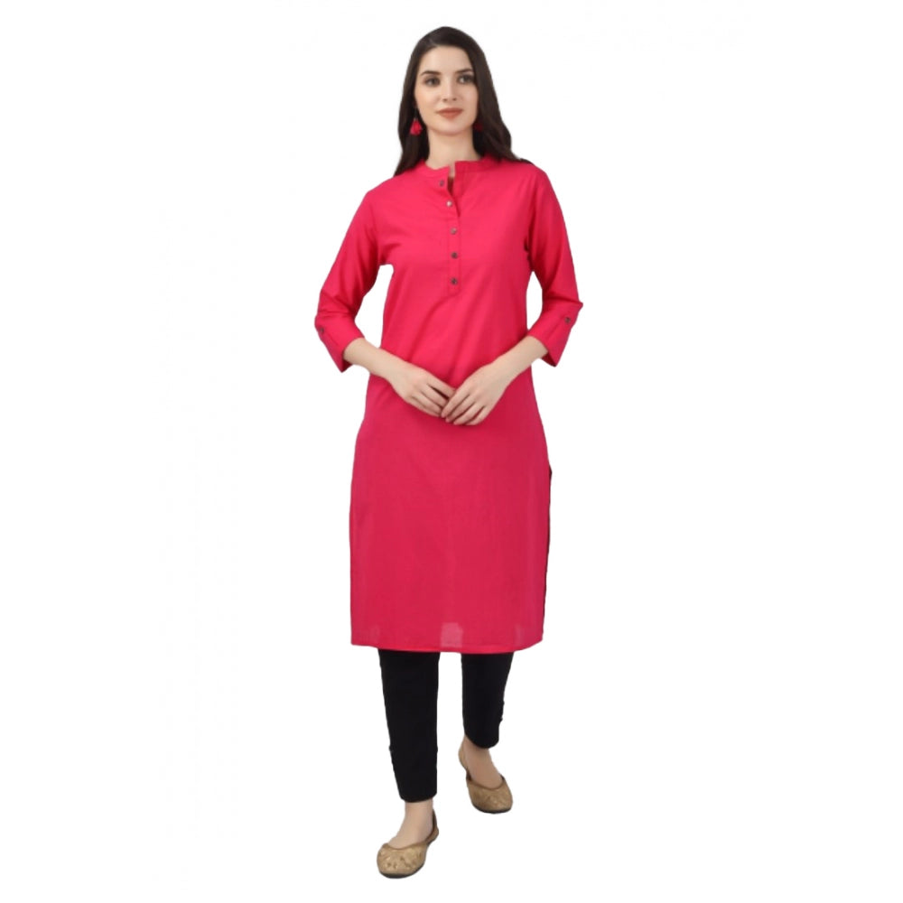 Generic Women's Solid Calf Length Cotton Kurti (Pink) - Noble Nook