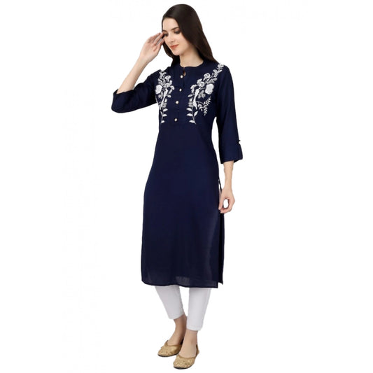 Generic Women's Embroidered Calf Length Rayon Kurti (Blue) - Noble Nook