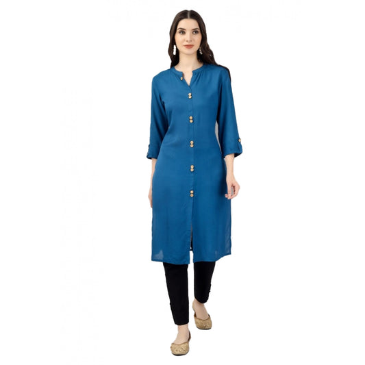 Generic Women's Solid Calf Length Rayon Kurti (Light Blue) - Noble Nook