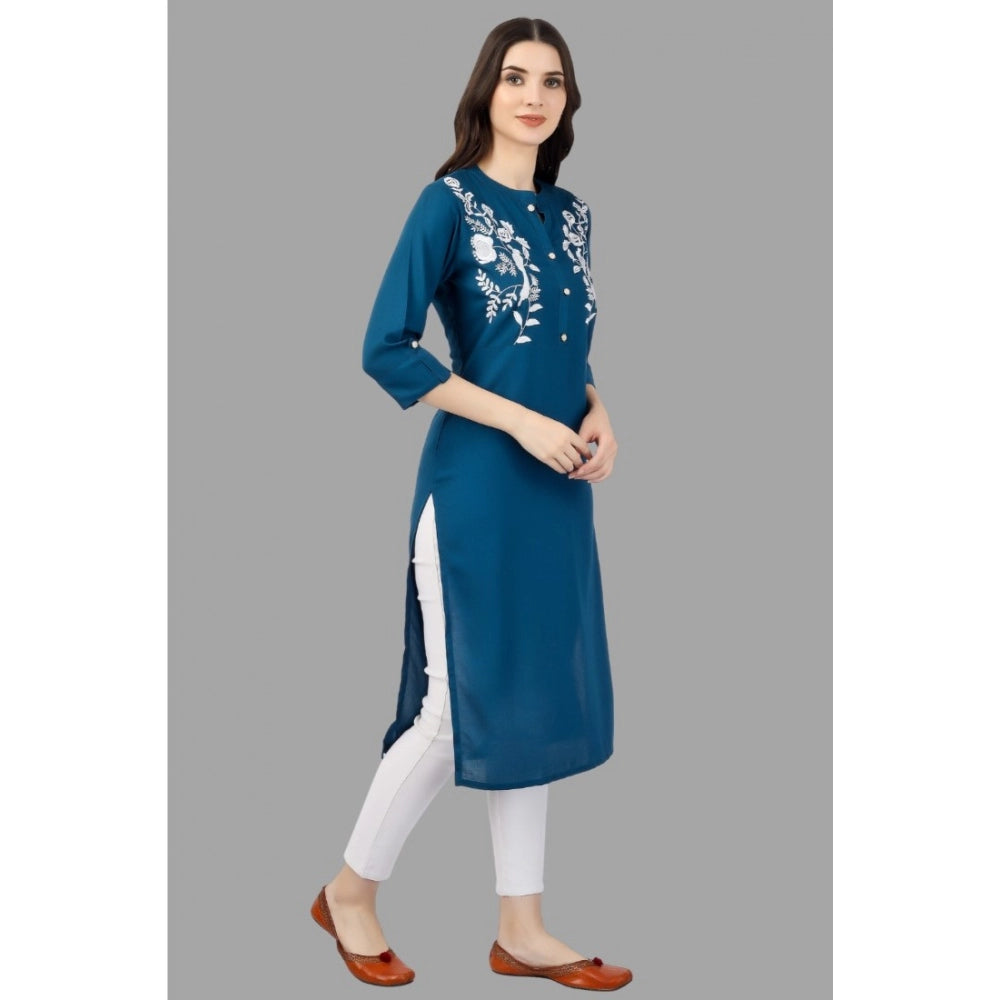 Generic Women's Embroidered Calf Length Rayon Kurti (Light Blue) - Noble Nook