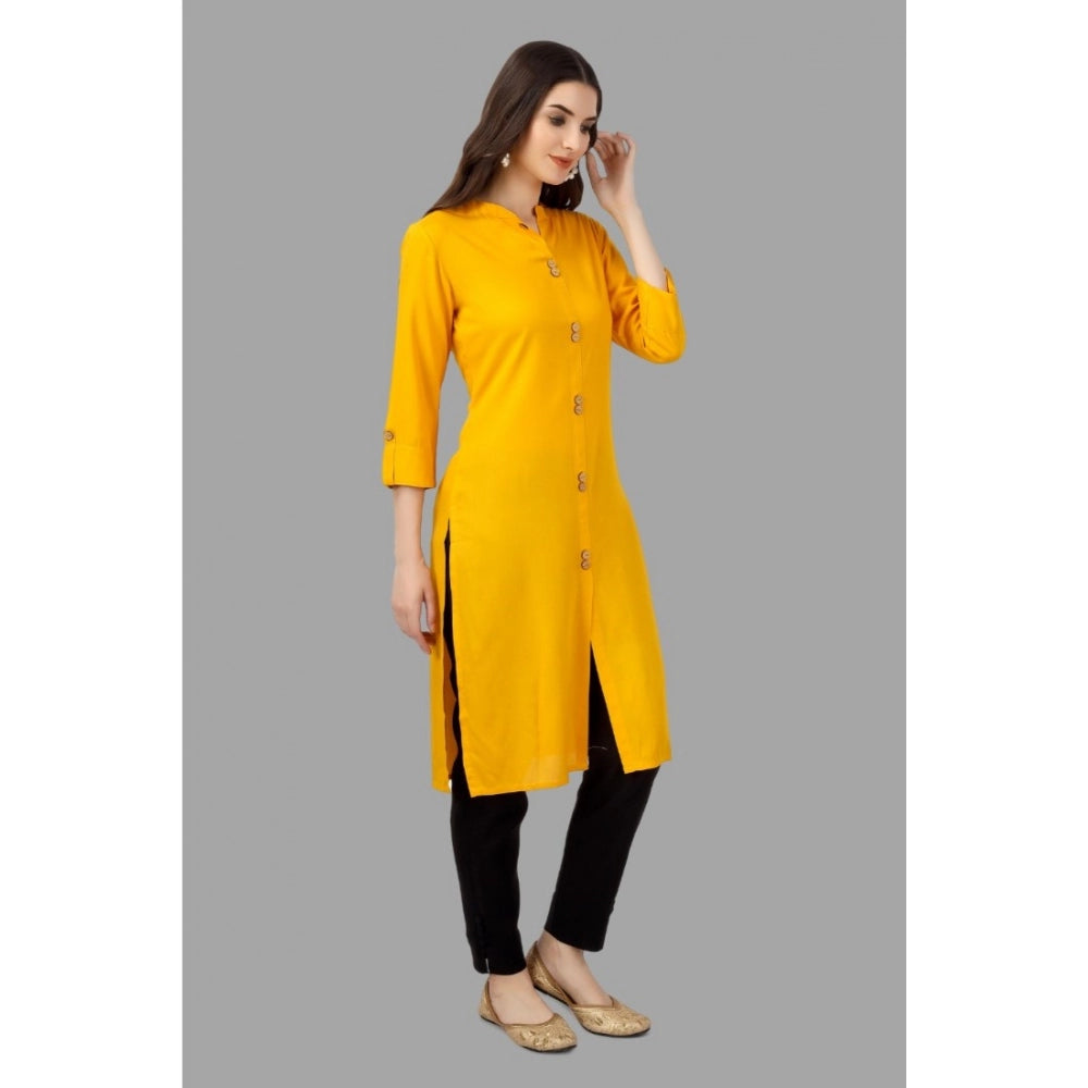 Generic Women's Solid Calf Length Rayon Kurti (Yellow) - Noble Nook