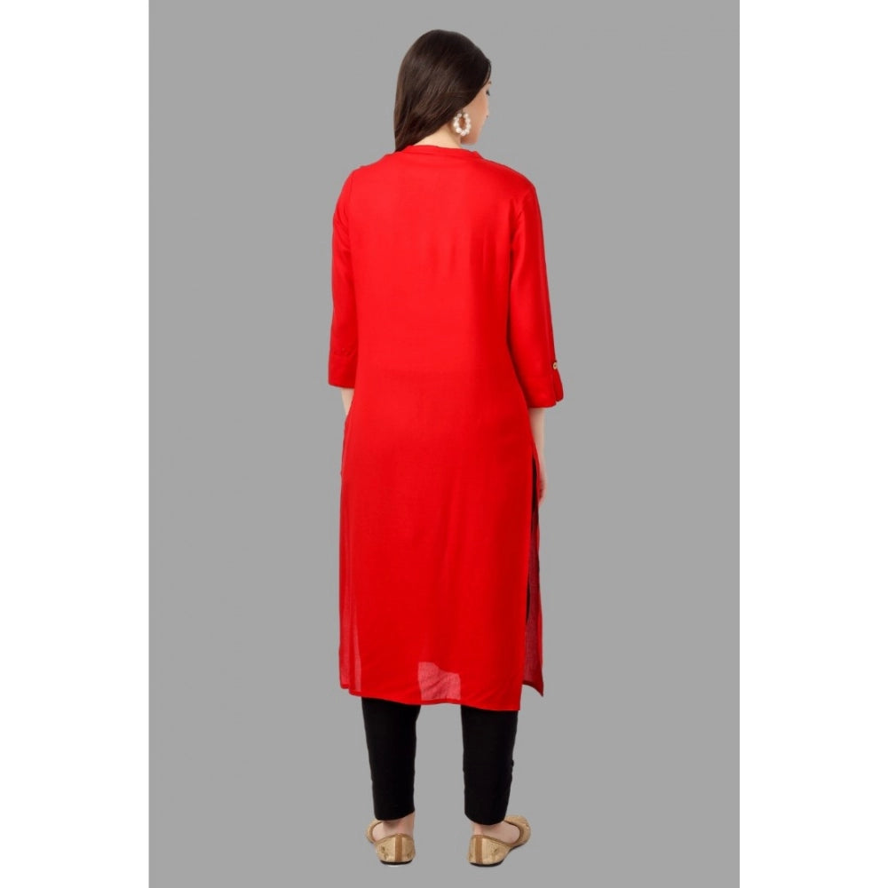 Generic Women's Solid Calf Length Rayon Kurti (Red) - Noble Nook