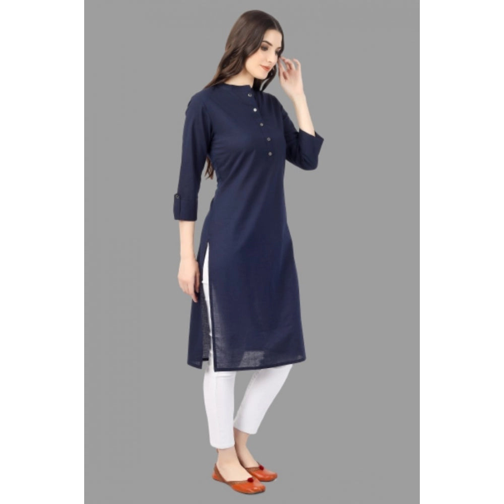 Generic Women's Solid Calf Length Cotton Kurti (Blue) - Noble Nook