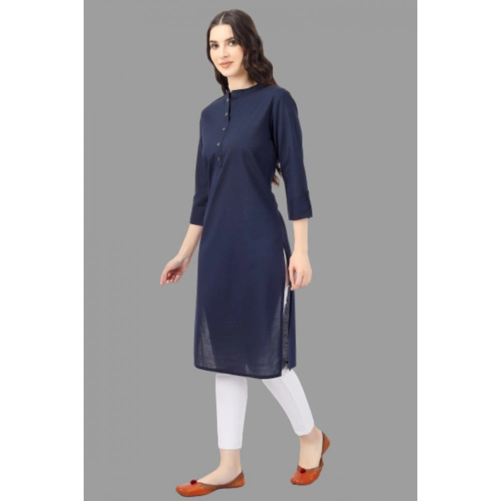 Generic Women's Solid Calf Length Cotton Kurti (Blue) - Noble Nook